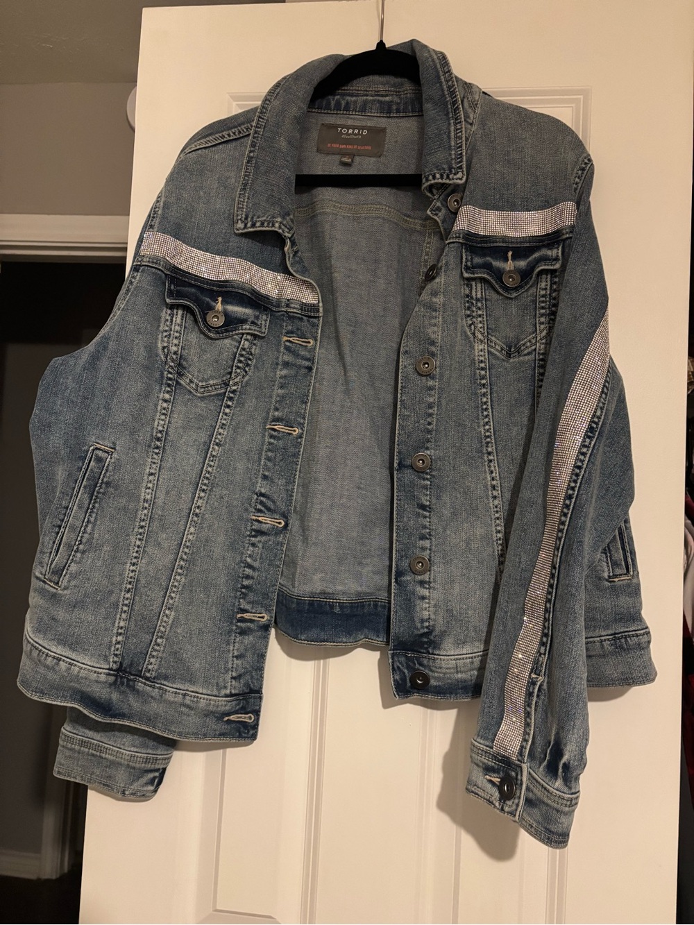 torrid Light Blue Denim Jacket with Silver Rhinestone Stripes